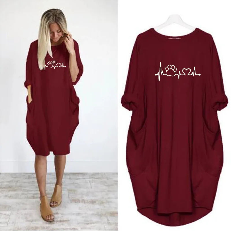 Plus Size Dress Autumn  Winter Casual Round Neck Solid Color Long Sleeve Pocket  Pullove Dress