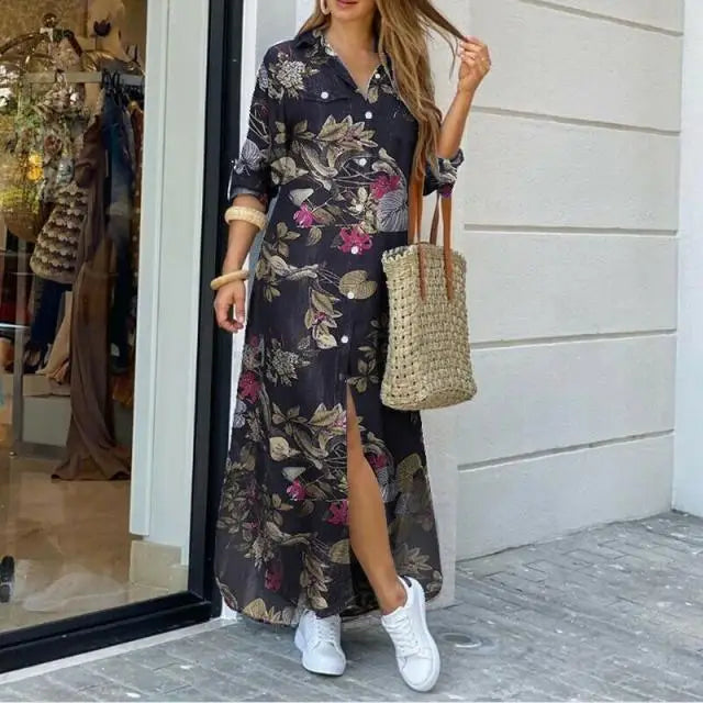 Long Sleeve  Pocket Button Print Shirts Dress