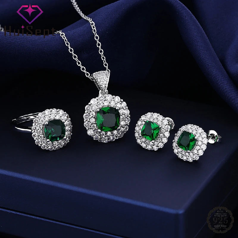 Luxury Jewelry Sets Ring Earrings Necklace with Emerald Zircon 925 Silver Jewelry