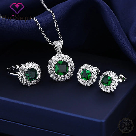 Luxury Jewelry Sets Ring Earrings Necklace with Emerald Zircon 925 Silver Jewelry
