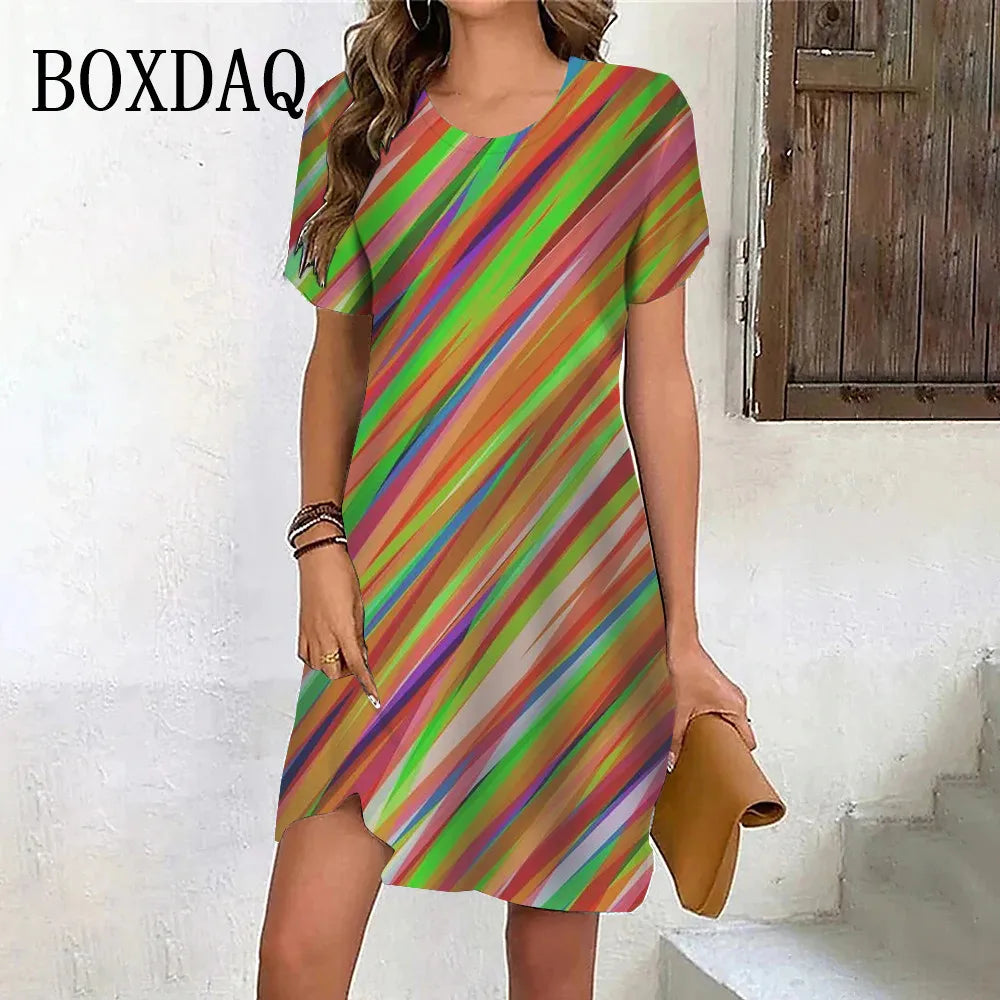 Gradient Rainbow Stripe Short Sleeve Dress O-Neck Print Loose Party Clothes