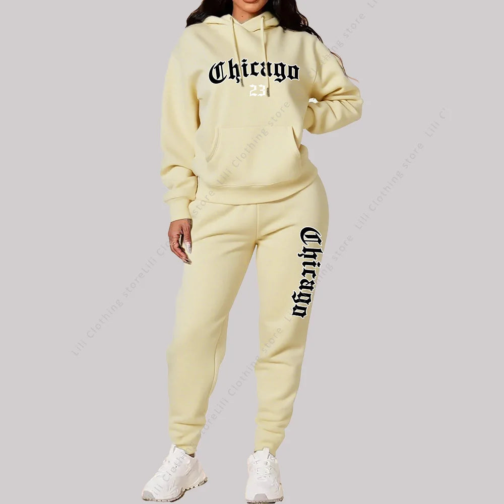 Women's Sets Hoodies Pants 2 Piece Outfits Chicago Graphic Letter Print