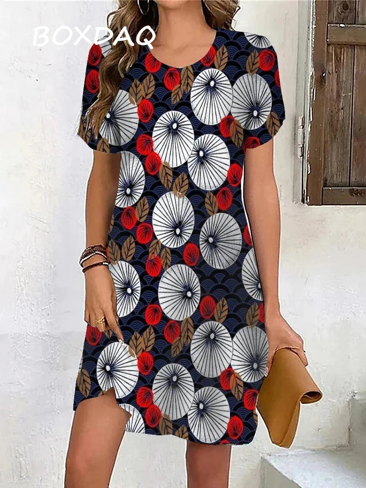Summer women's short sleeve dress Print Loose Beach Dress