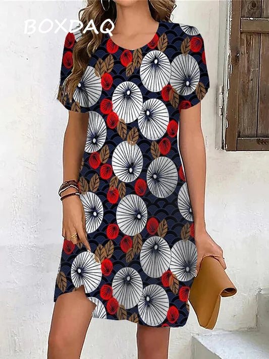Summer women's short sleeve dress Print Loose Beach Dress