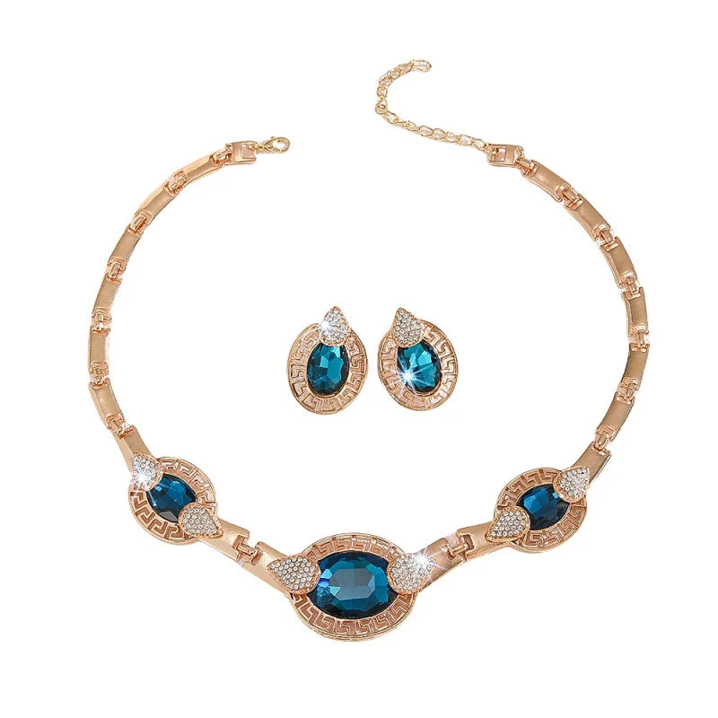 Elegant Blue Crystal Gold-plated Necklace and Earrings Suite