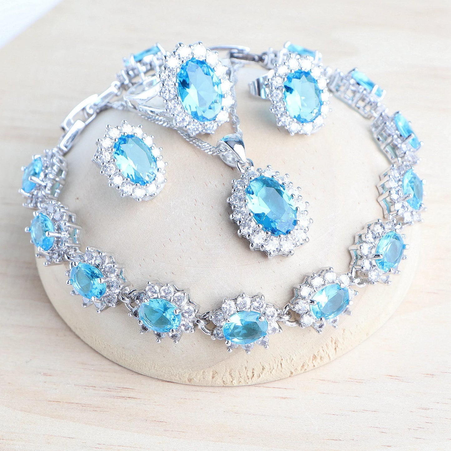 Silver jewelry 4Sets Blue Zirconia Costume Fine Jewellery  Necklace Earrings Rings Bracelets Pendant