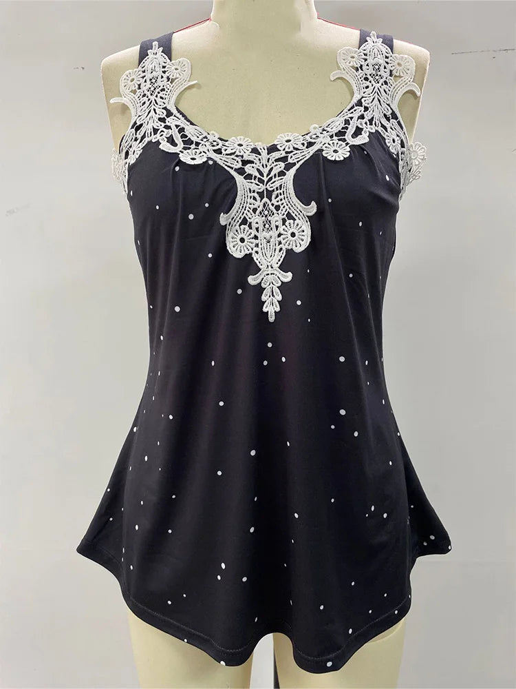Luxurious V-Neck Sleeveless Lace Patchwork Solid Color