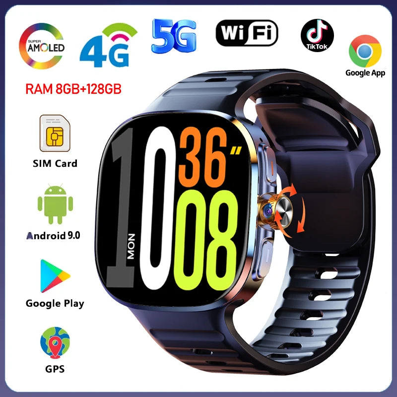 5G/4G Full Network Smart Watch 2.40 inch Big Screen HD Video Call 8GB+128GB RAM 2100mAh Google Play WIFI GPS Sim Card