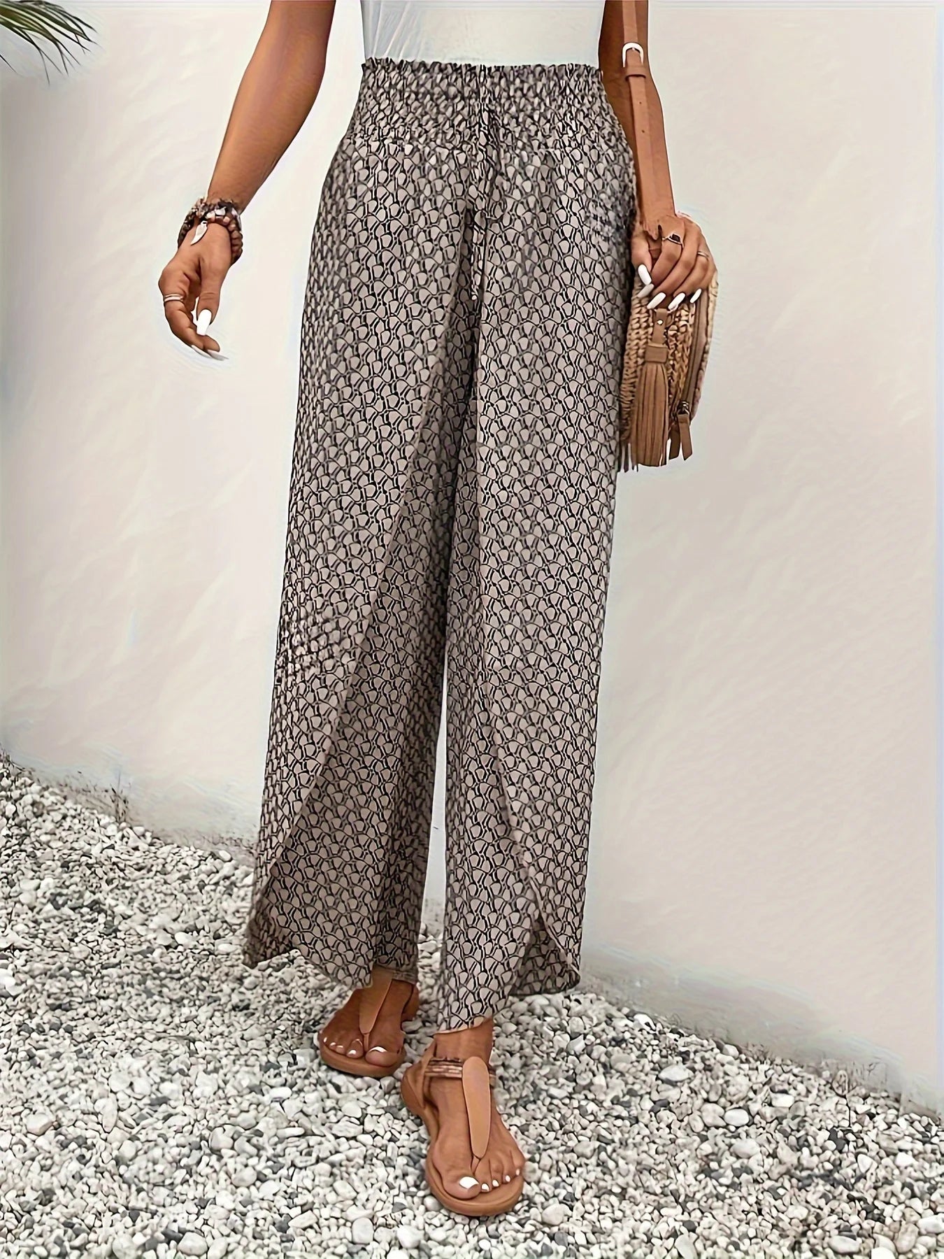 Spring Summer Women Elegant Wide Legs Pants Casual Vacation Beach Print Trousers