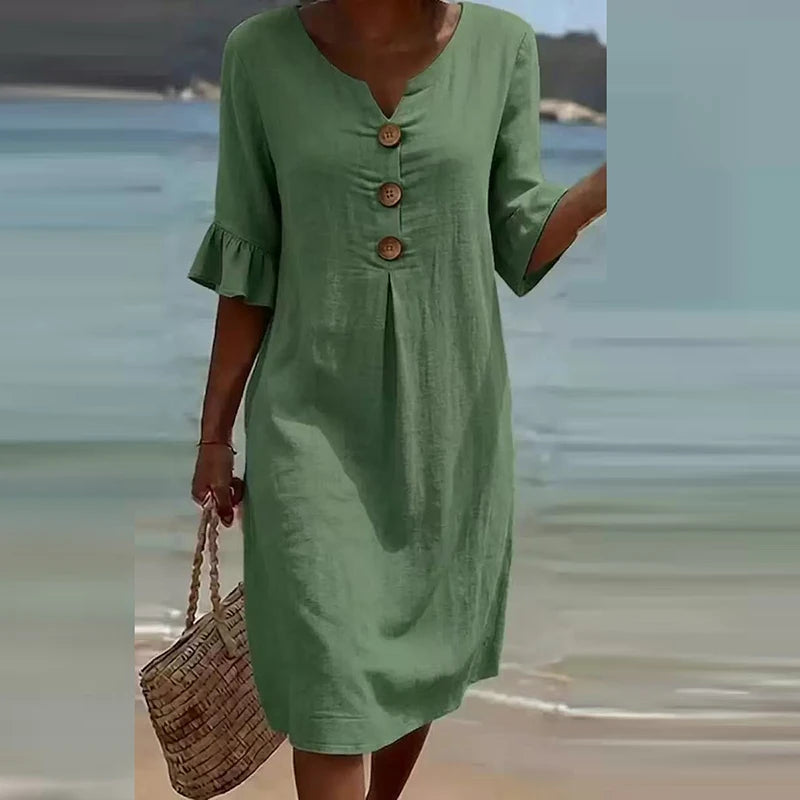 Elegant V Neck Half Sleeve Button Midi Holiday Dress