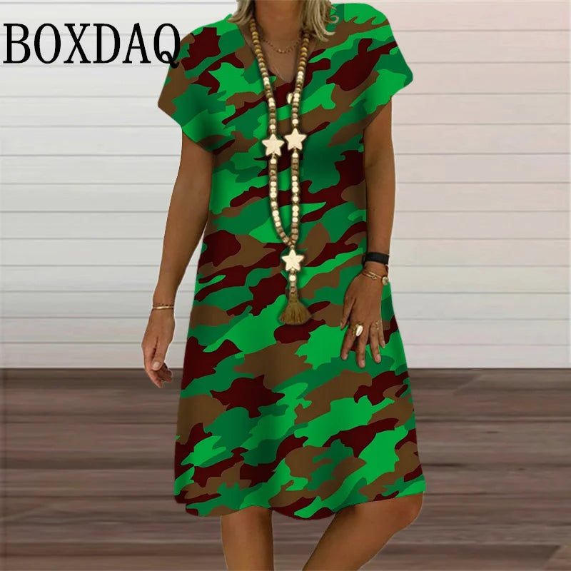 Camouflage Print Midi Dress V-Neck Summer Clothing
