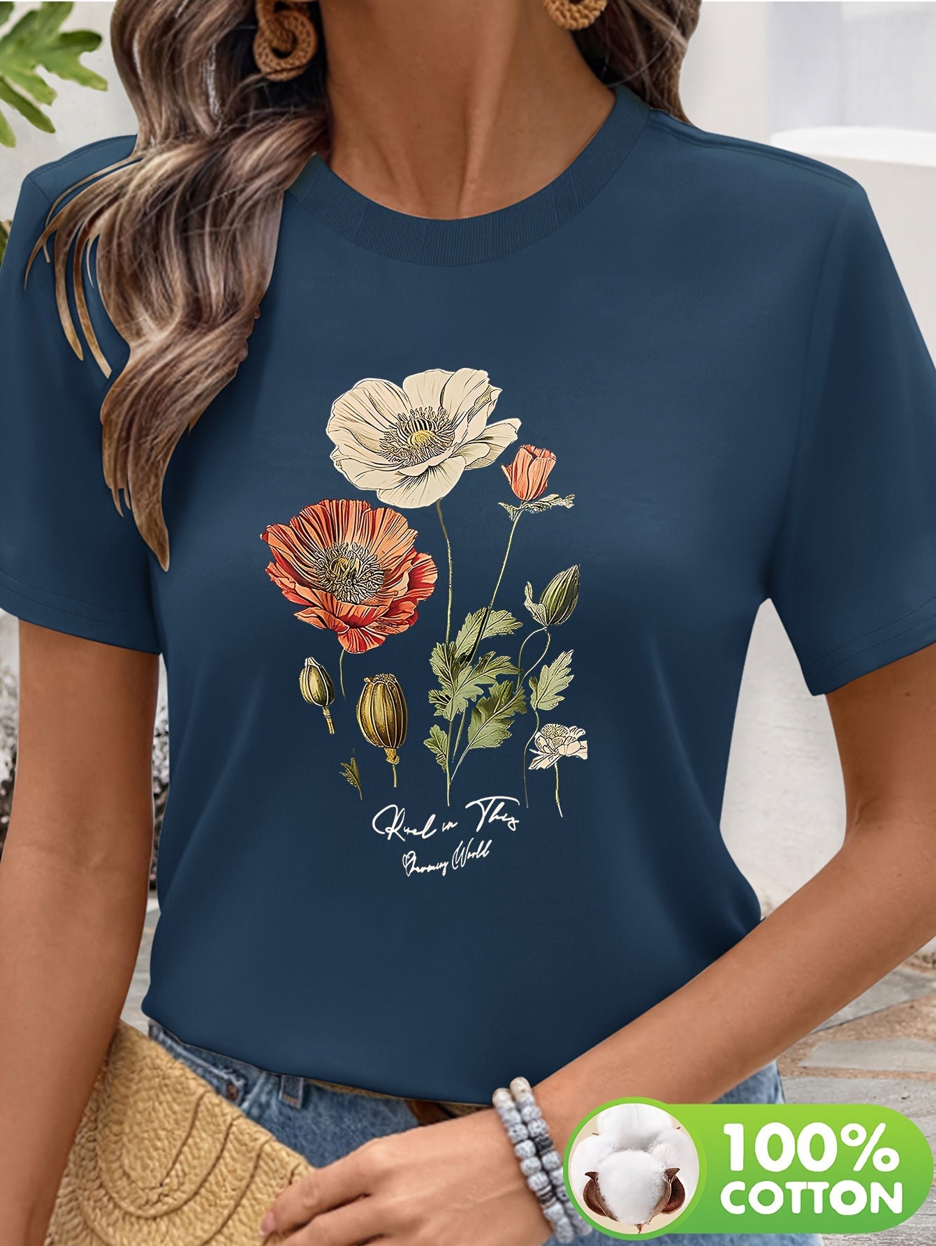 Short Sleeve Round Neck Top with Vibrant Poppy & Foliage Design