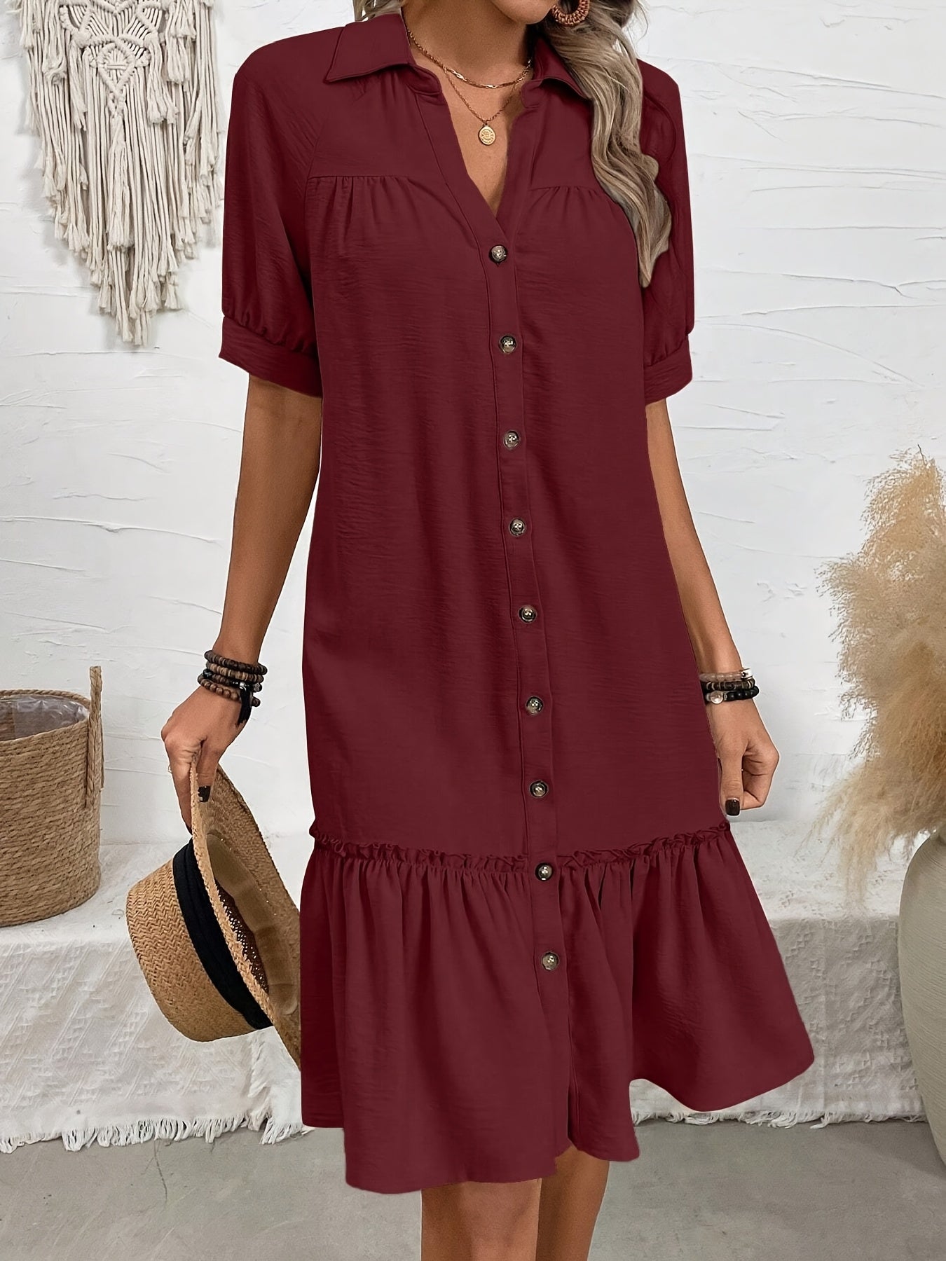 Casual Vacation Dress with Collar & Ruffled Hem Lightweight Fabric