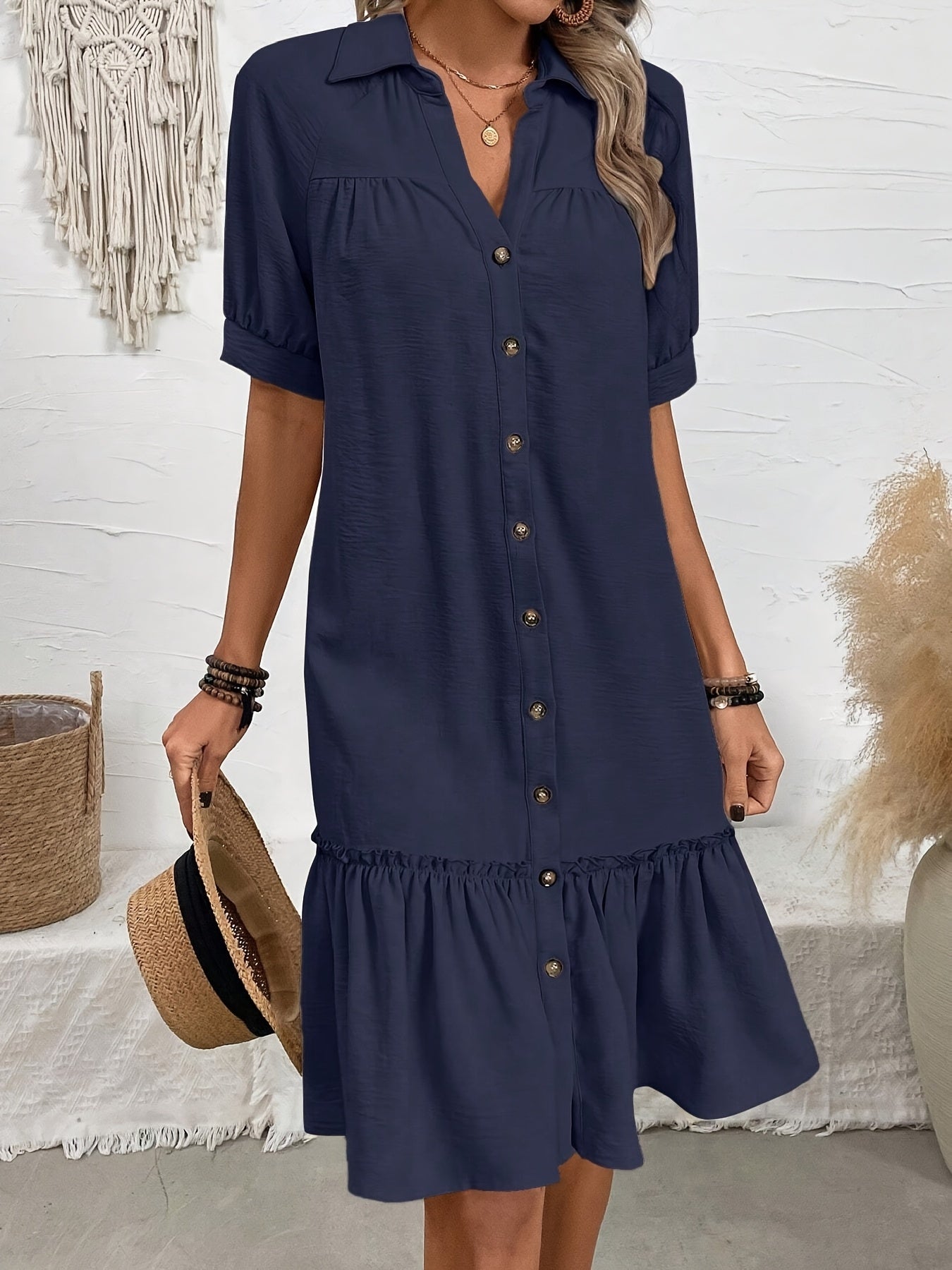 Casual Vacation Dress with Collar & Ruffled Hem Lightweight Fabric