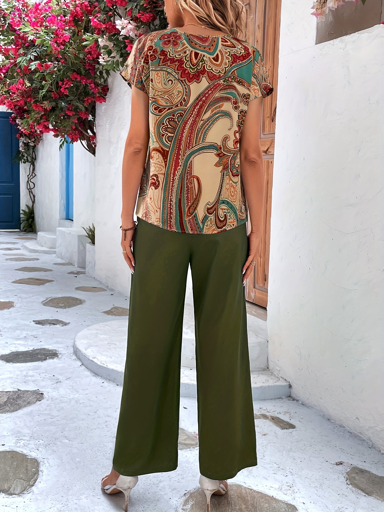 Two-piece Set, Vacation V Neck Short Sleeve Top & Wide Leg Pants