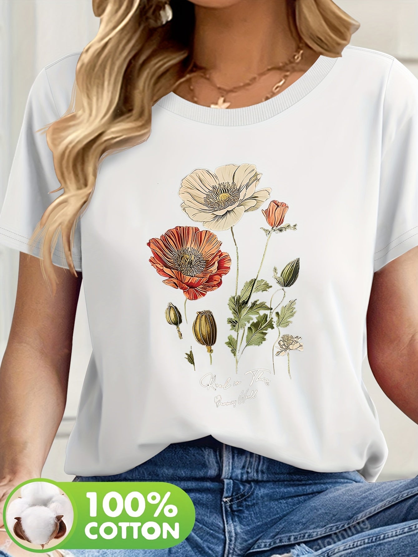 Short Sleeve Round Neck Top with Vibrant Poppy & Foliage Design
