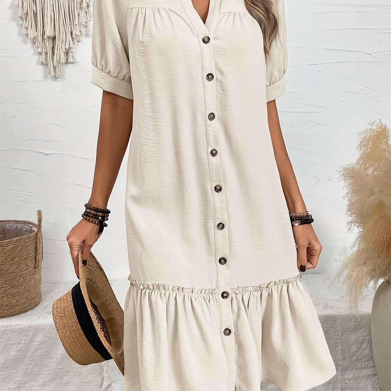 Casual Vacation Dress with Collar & Ruffled Hem Lightweight Fabric