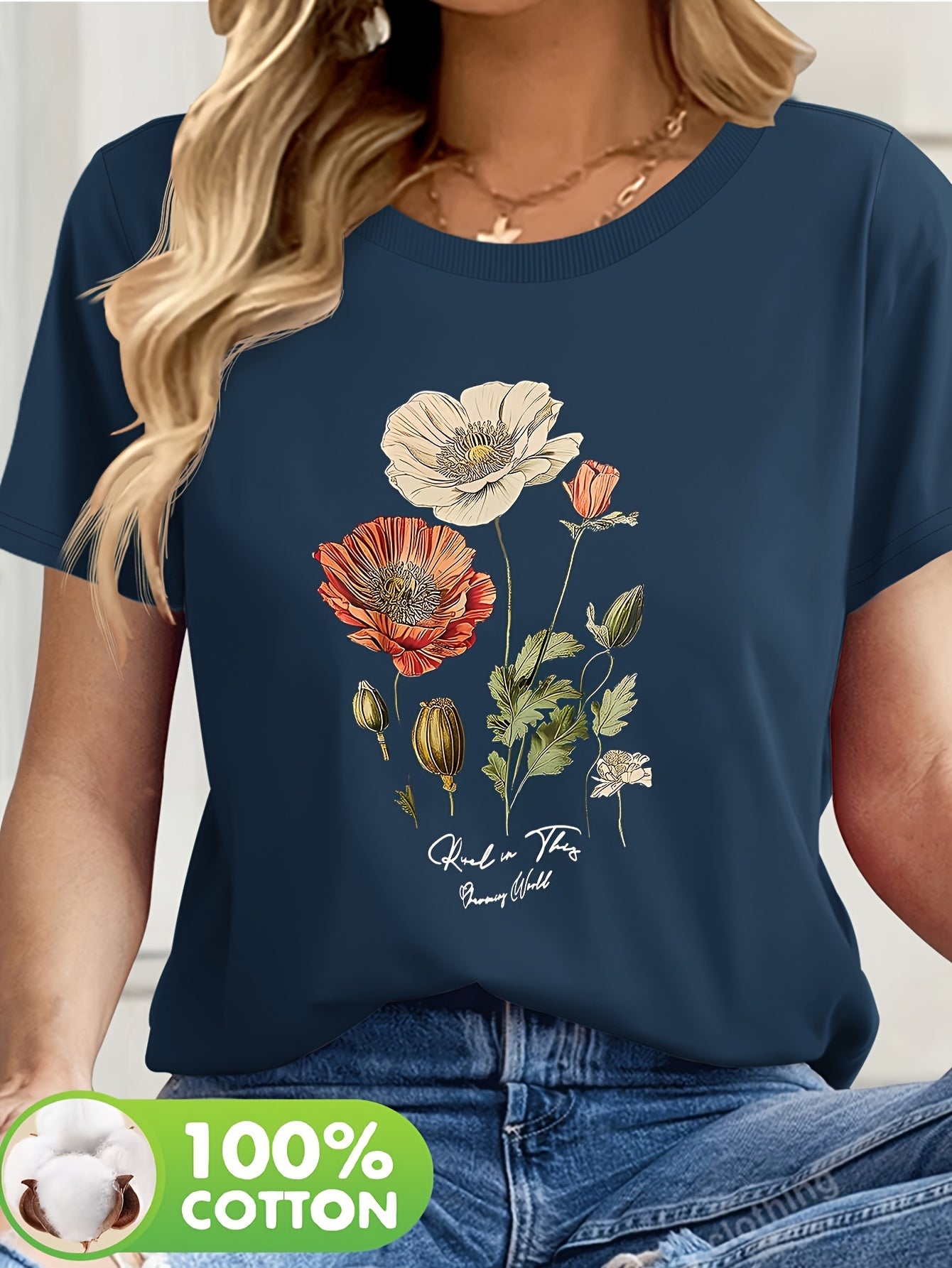 Short Sleeve Round Neck Top with Vibrant Poppy & Foliage Design