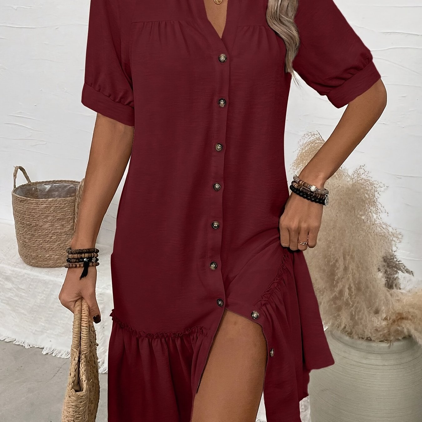 Casual Vacation Dress with Collar & Ruffled Hem Lightweight Fabric