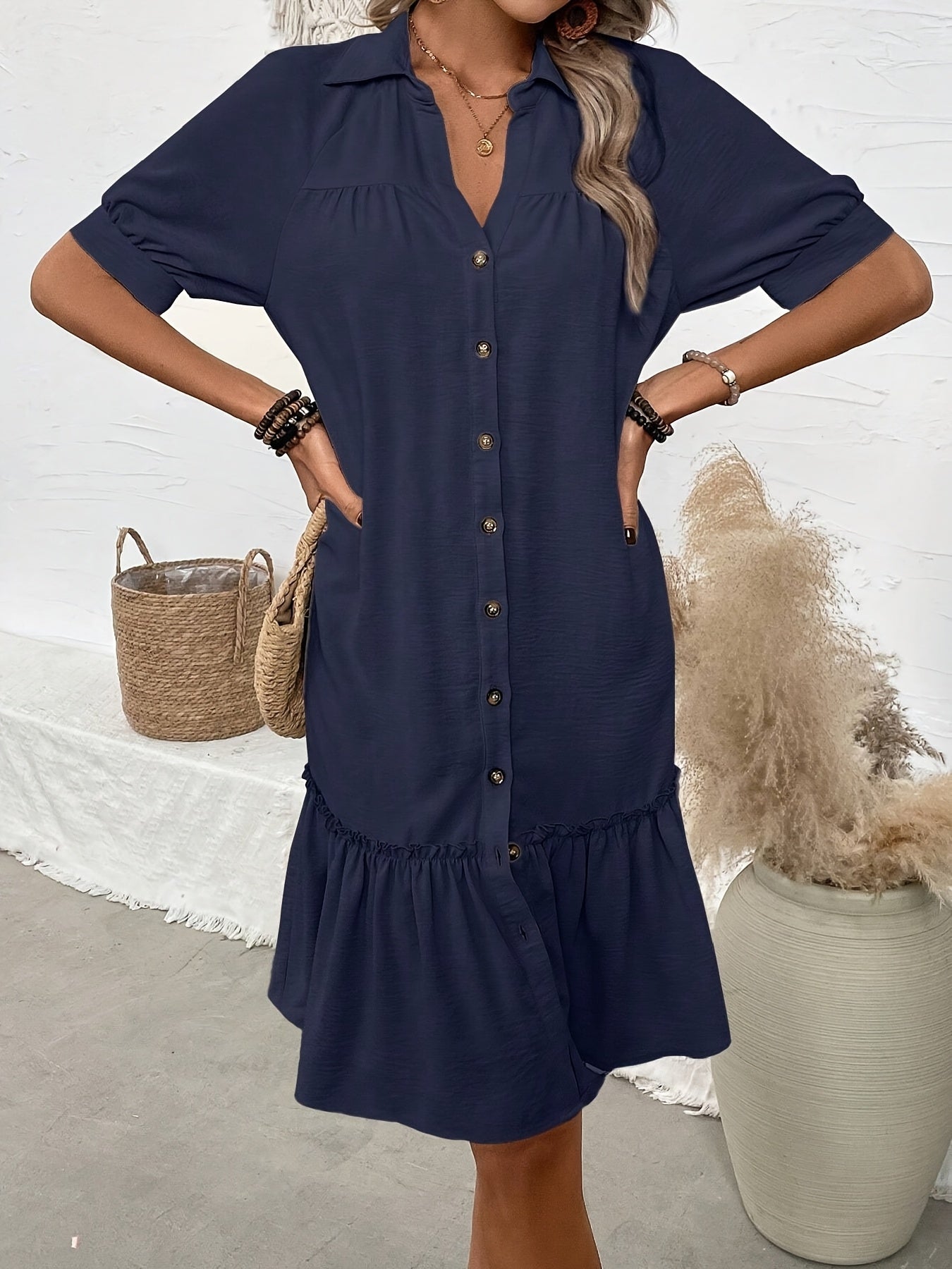 Casual Vacation Dress with Collar & Ruffled Hem Lightweight Fabric