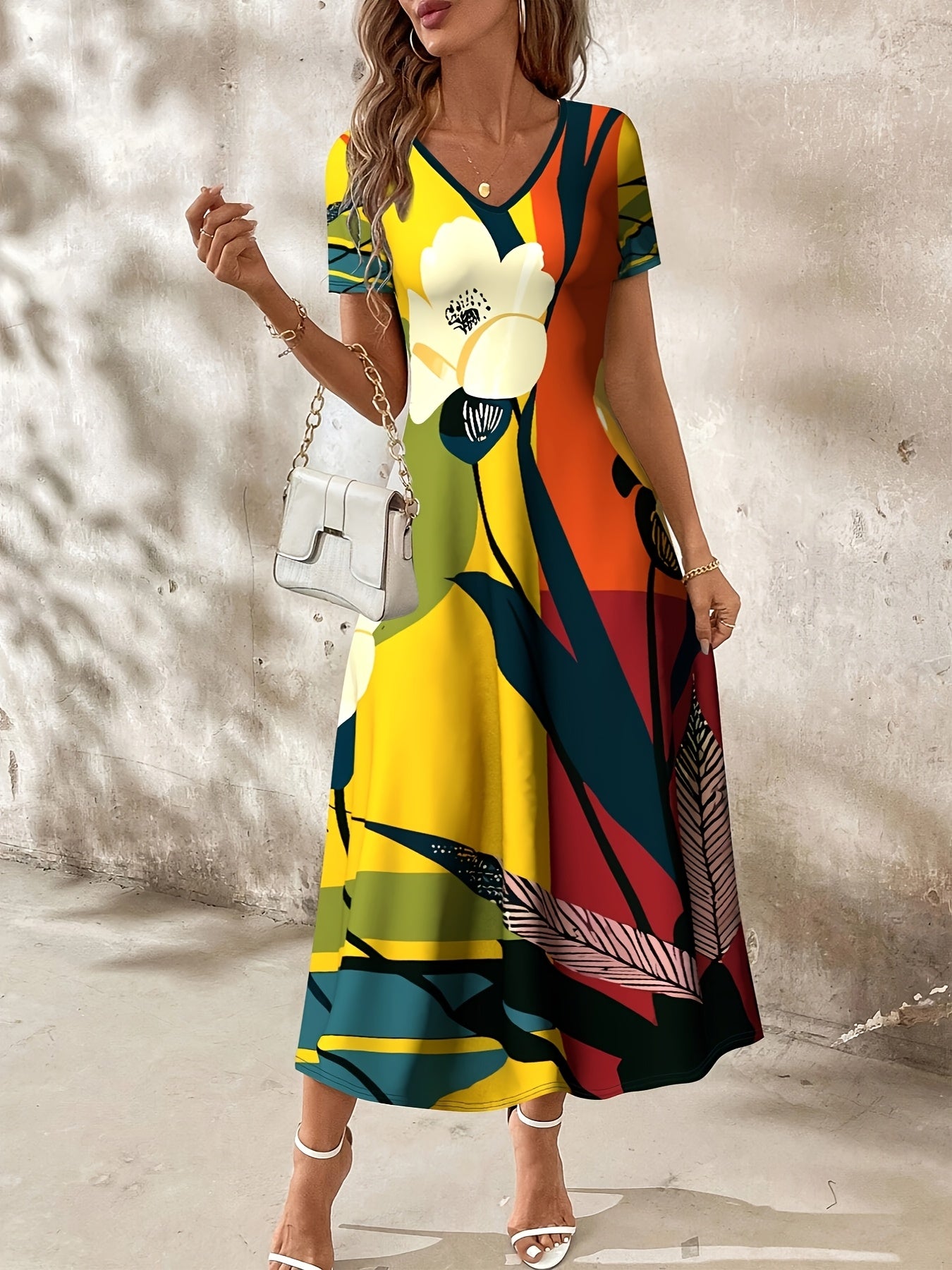 Dress with Pockets, Short Sleeve A-Line Knit Fabric Dress