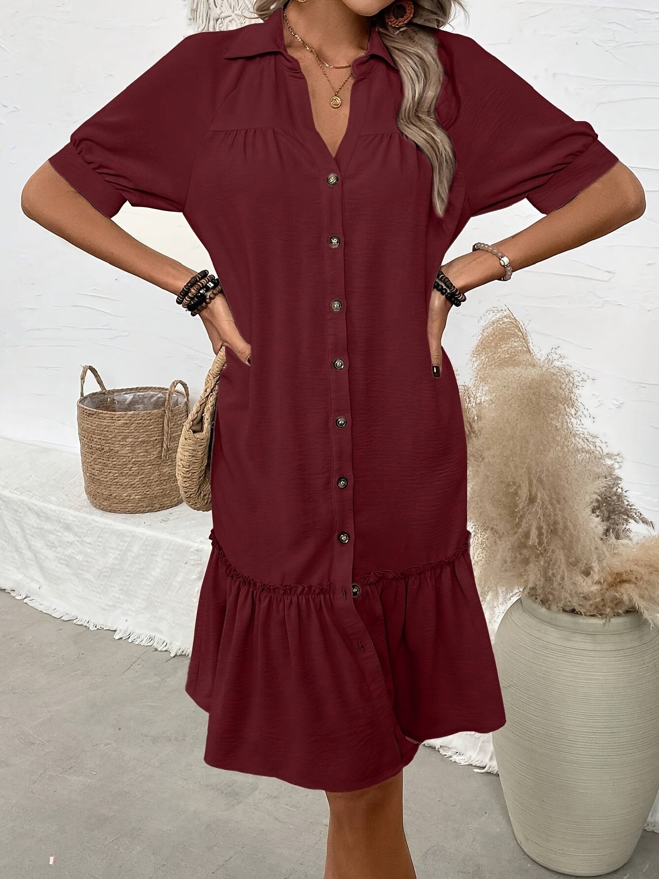 Casual Vacation Dress with Collar & Ruffled Hem Lightweight Fabric